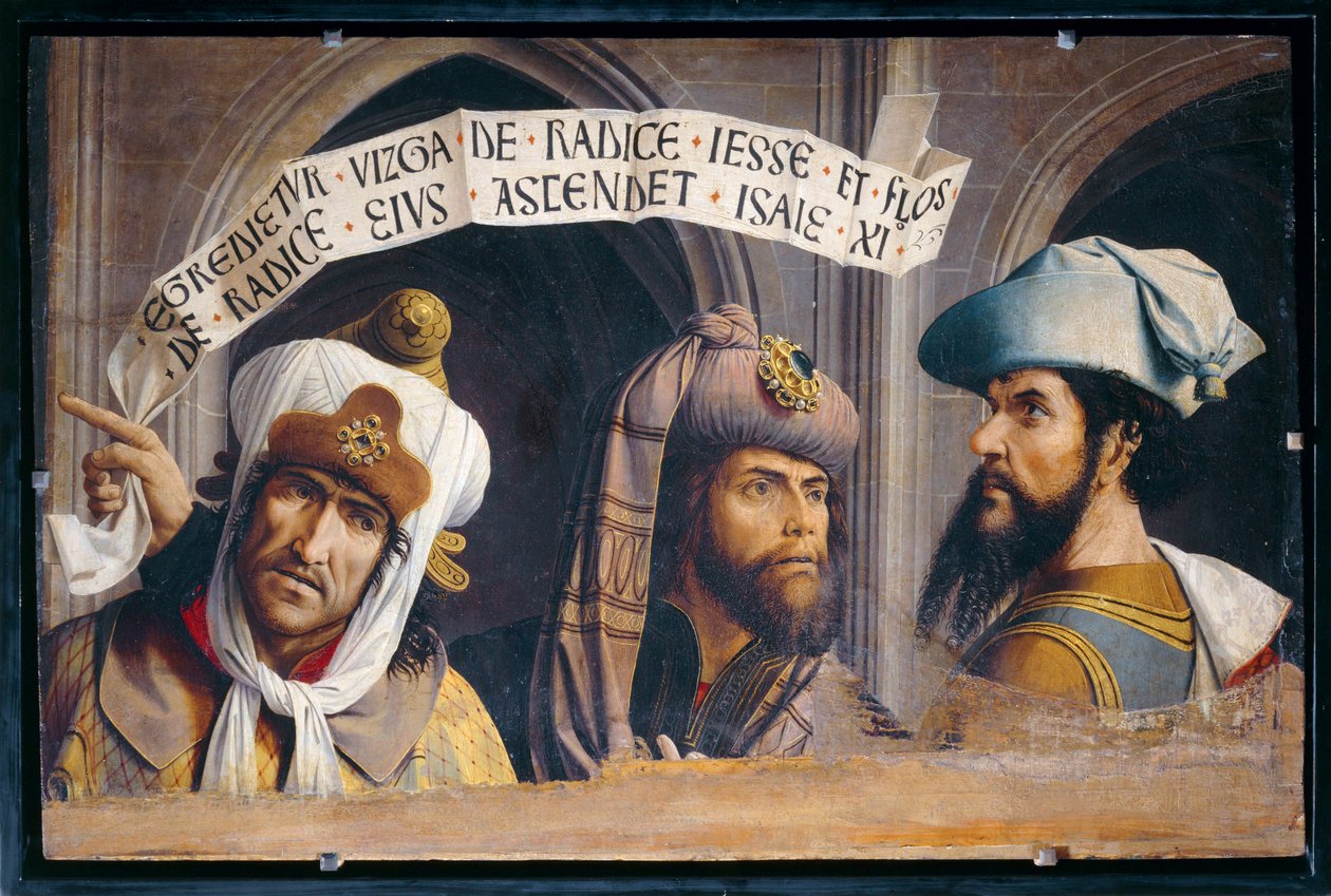 Trois Prophètes - Tre profeter. Fragmentarisk panel föreställande de tre profeterna i Bebådelsen ... av French School