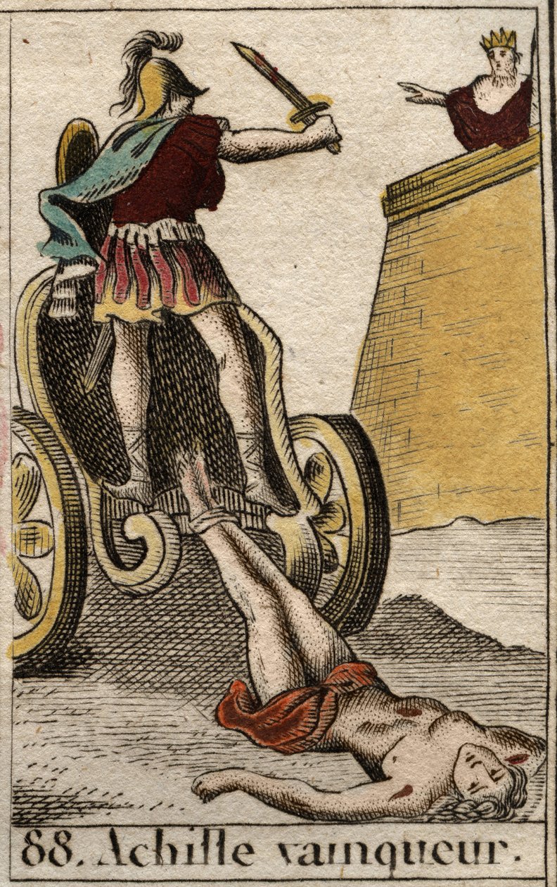 Trojanskt krig: Triumferande Achilles släpar Hectors livlösa kropp framför Trojas portar. Från "Mythology of Youth" av Pierre Blanchard 1803. av French School