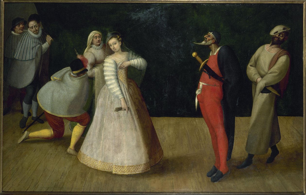 Trupp med italienska komiker (Gelosi), ca 1580 (olja) av French School