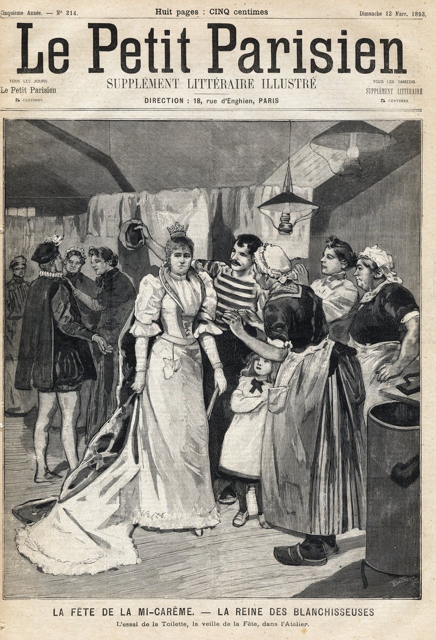 Prova toaletten i verkstaden på tröskeln till Mi Careme Fete (Mi-Careme): drottningen av blekningsmedel. En av tidningarna "Le Petit Parisien"" den 12/03/1893 (gravyr) av French School