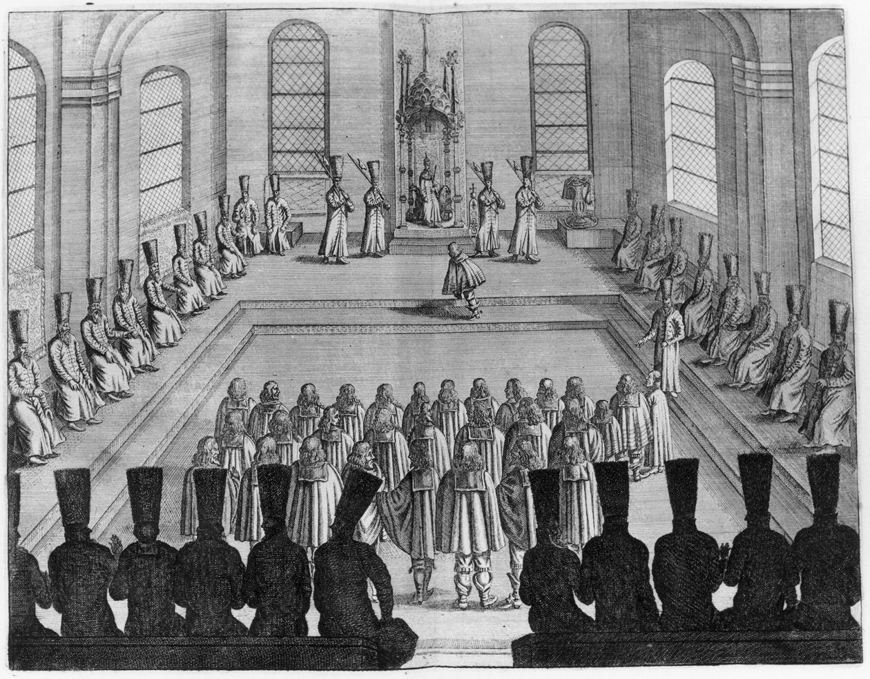 Tsar Alexei I Mikhailovich (1629-76) tar emot en ambassad från väst, från volym I av Very Curious and Very Reowned Voyages made in Muscovy, Tartary and Persia av Adam Olearius, översatt av Wicq av French School
