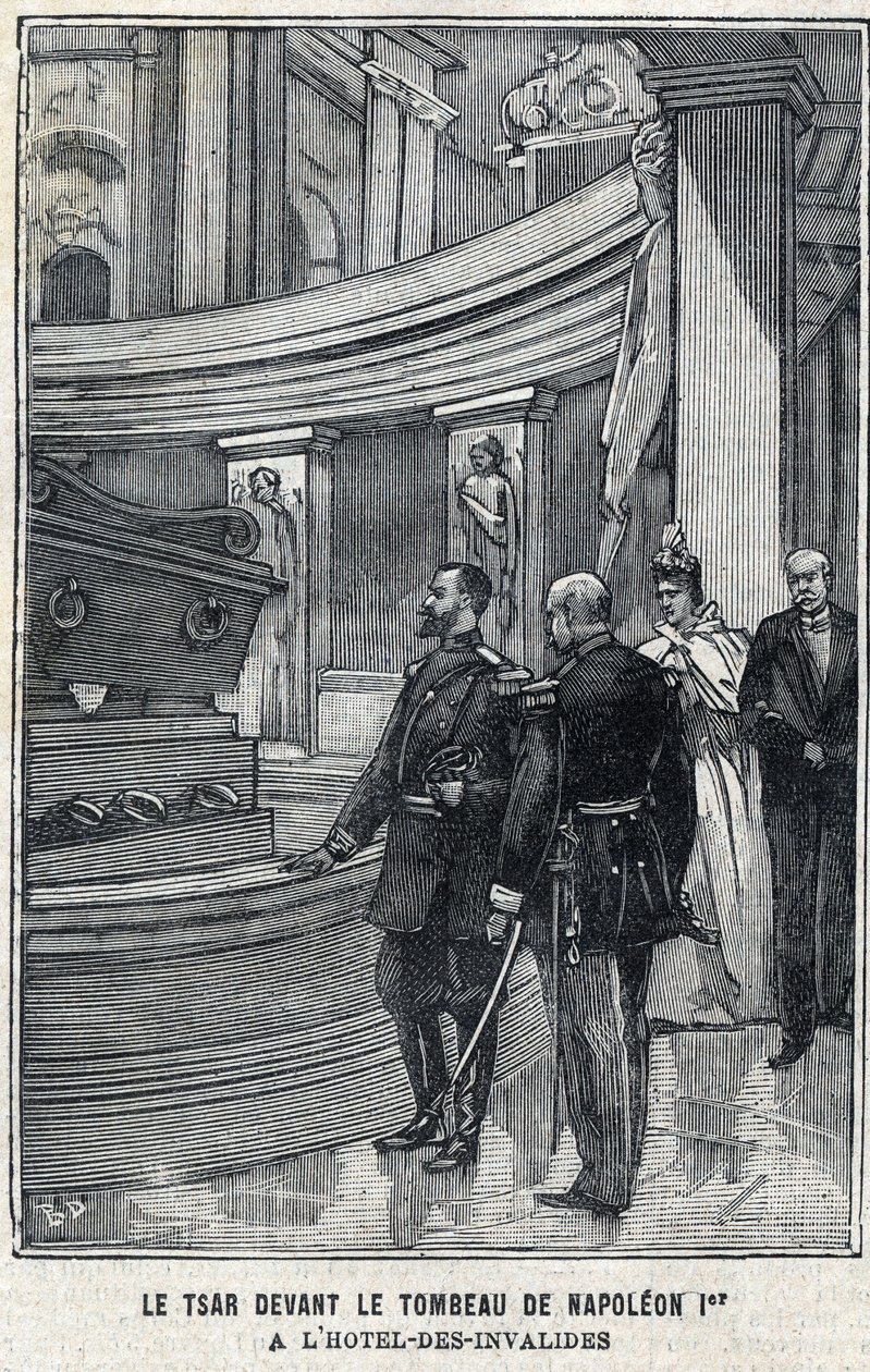 Tsar Nicholas II av Ryssland (1868 -1918) och Tsarina Alexandra Fiodorovna Romanova (1872-1918) framför Napoleon I Bonapartes grav på Hotel des Invalides i Paris, i "Le Petit Parisien" av French School