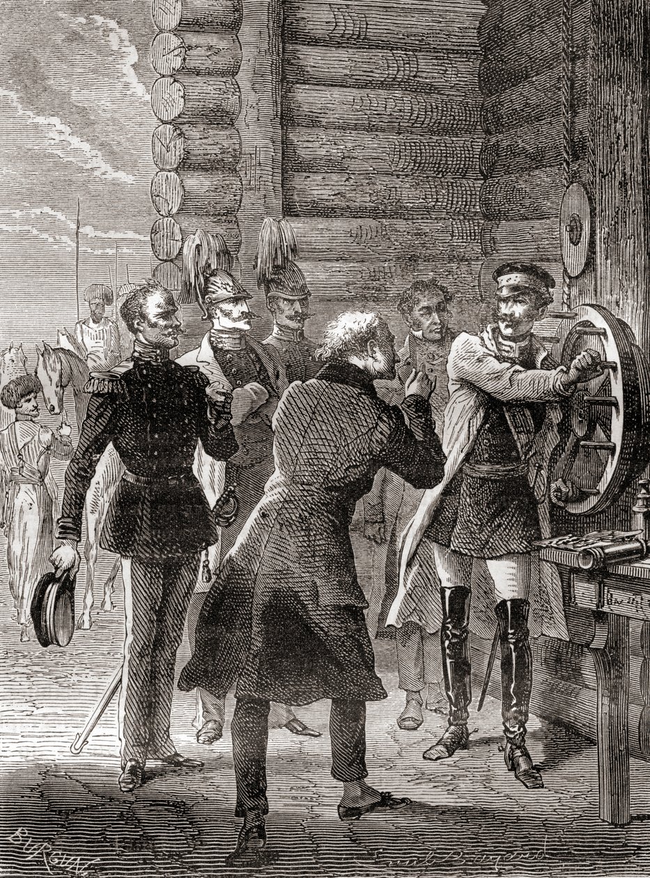 Tsar Nicholas I inviger semafortelegraflinjen mellan Moskva och Warszawa 1833, med hjälp av en modifiering av Claude Chappes semaforsystem, från Les Merveilles de la Science, publicerad ca 1870 (gravyr) av French School
