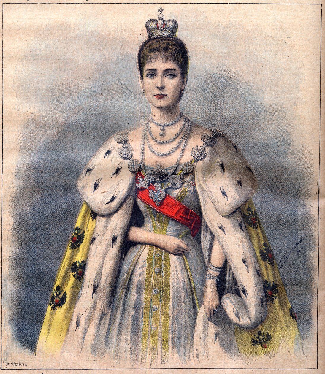 Tsarina Alexandra av Ryssland i sina kröningskläder - Tsarina Alexandra Fiodorovna i det heligas kostym. Illustration för Le Petit Journal, 24 maj 1896 (gravyr) av French School