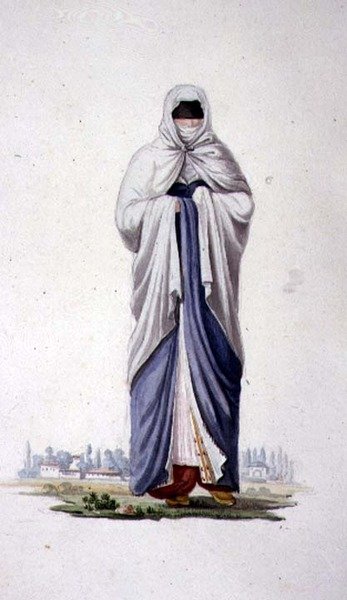 Turkisk kvinna från Smirna, troligen efter kusineri, ottomansk tid, 1700-talets tredje kvartal (akvarell på papper) av French School