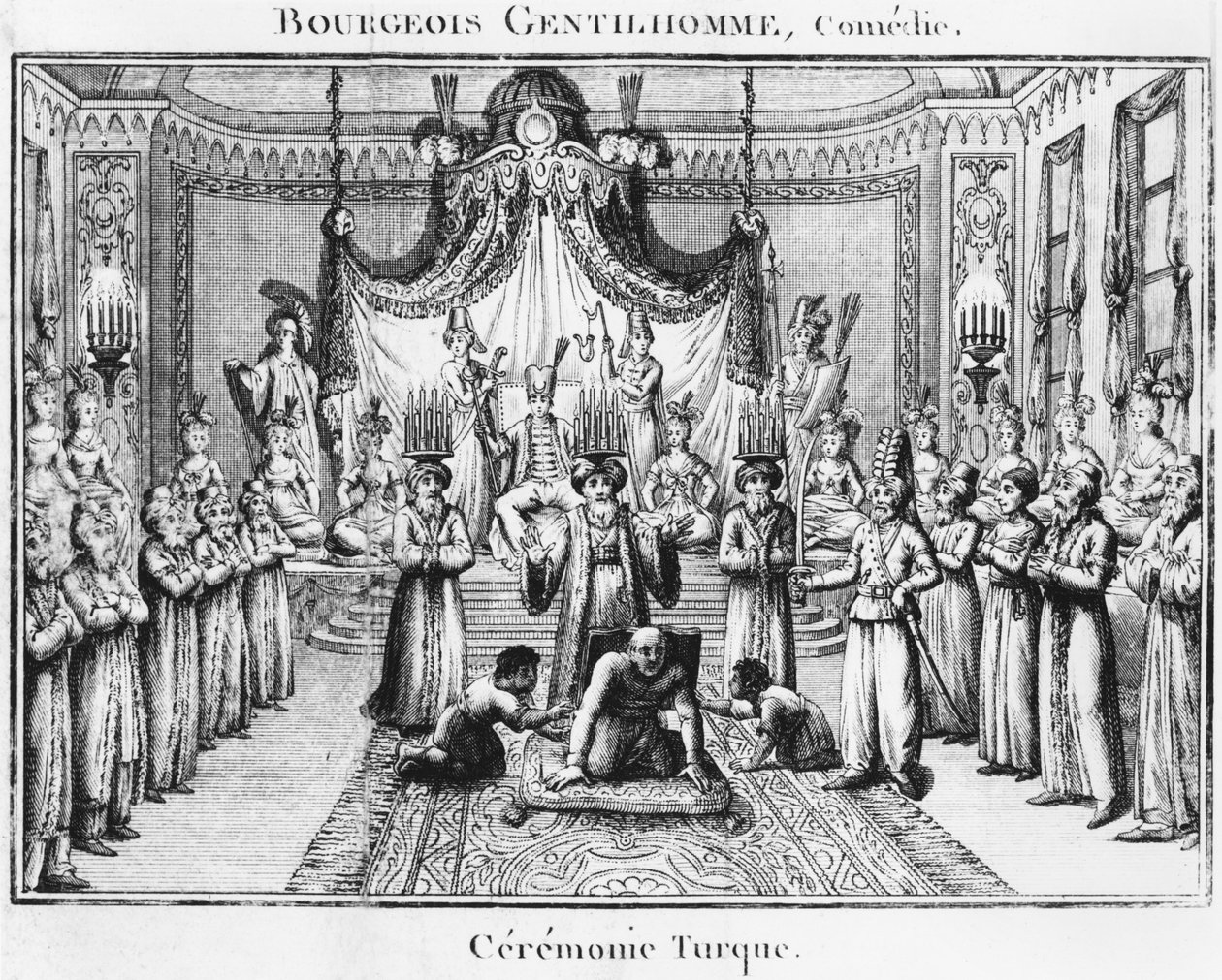 Turkisk ceremoni, illustration från Le Bourgeois Gentilhomme av Moliere, upplaga 1801 av French School