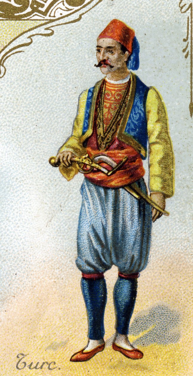 turkisk man. Upplaga av den parisiska litografin, slutet av 1800-talet. Serie om 25 reklamkromoner för Dijon-tillverkningen av Biscuits Pernot, skapad 1869. Detalj av karaktärerna i traditionell kostym av French School