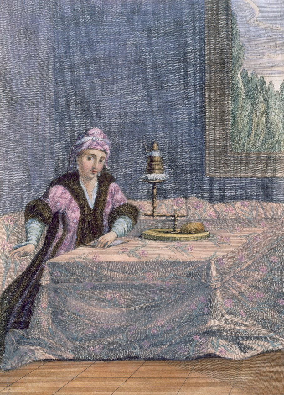 Turkisk kvinna spinnar tråd, c.1708 av French School