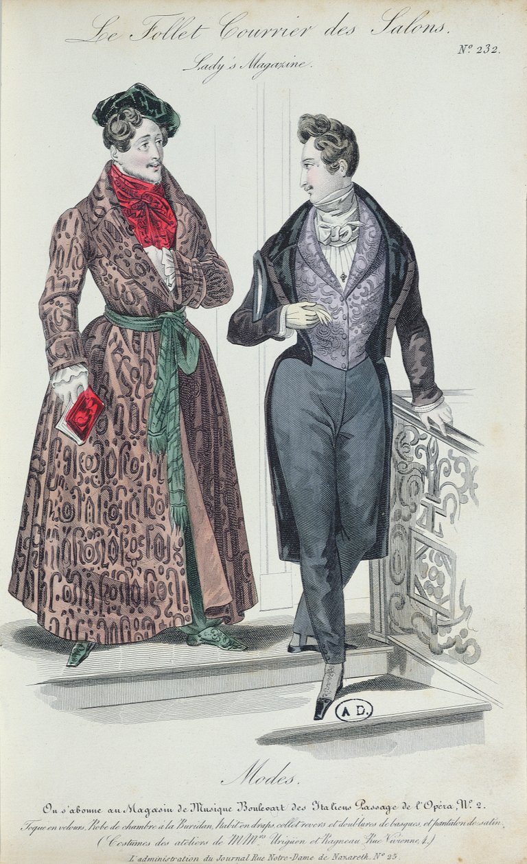 Two Elegant Young Men, 1835 (färggravyr) av French School