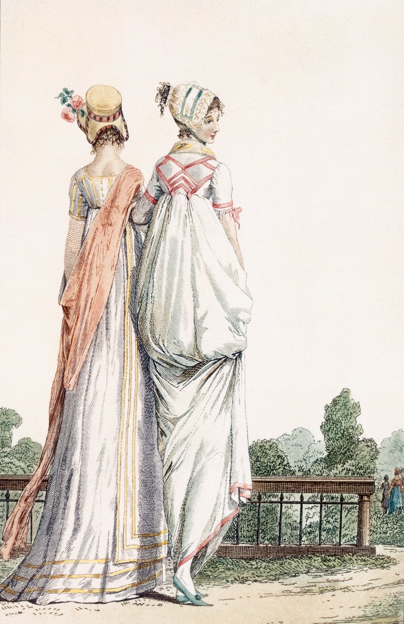 Två damer i promenadklänningar, 1796 99:female; traditionell kostym; traditionell klänning; mode; c18:e; gående; tillbaka; vita klänningar; hätta; motorhuvar; hattar; parkera; trädgård; av French School