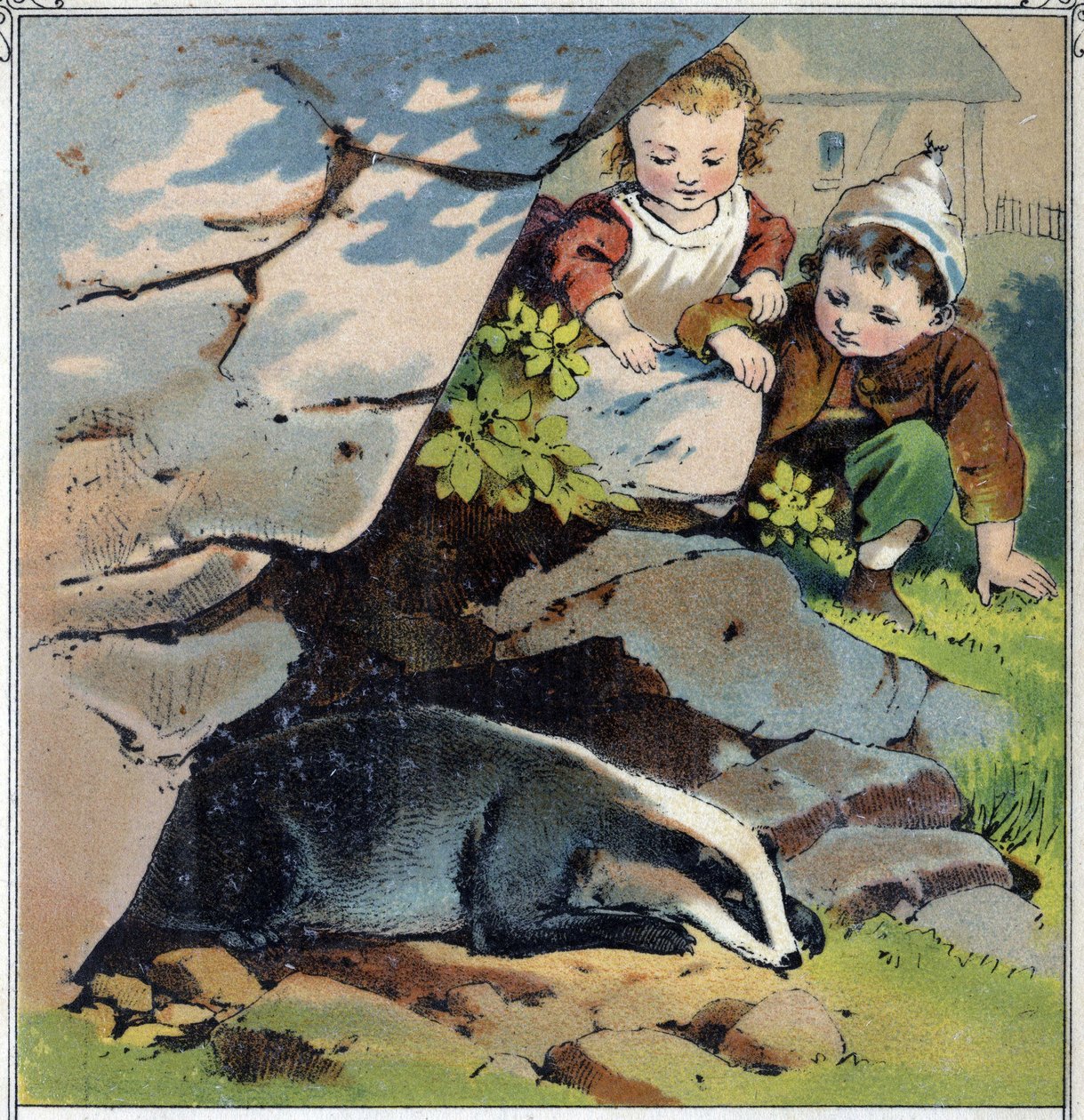Två barn observerar en grävling i sin håla. Kromolitografi från "" Childhood Scenes"" ed. Guerin - Muller cirka 1885. av French School