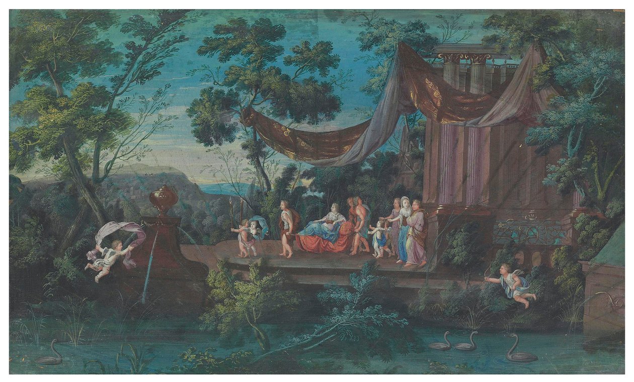 Två solfjäderblad: Den pompösa karusellen av de galanta amasonerna från de fyra delarna av världen; och procession som lämnar ett tempel åtföljd av putti, andra hälften av 1600-talet (gouache på papper) av French School