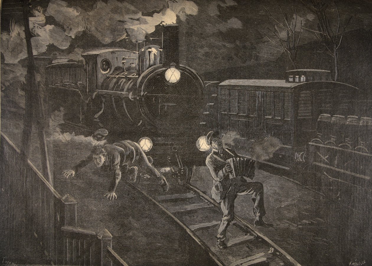 Två män påkörda av ett tåg illustration från Le Petit Journal: Supplement illustre, 1898 av French School