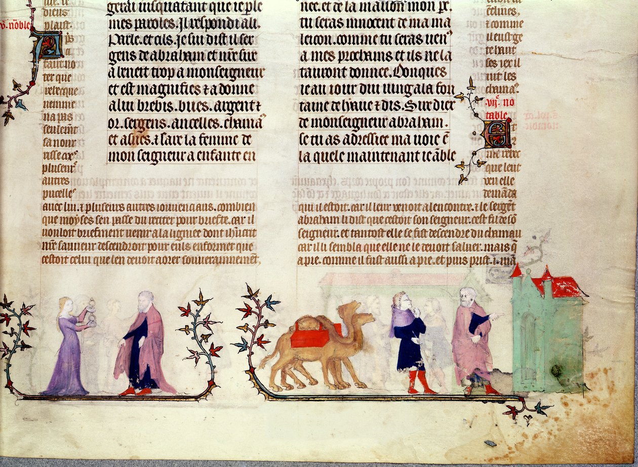Två scener ur berättelsen om Rebecca vid brunnen, från The Bible of Jean de Sy, c.1355 av French School