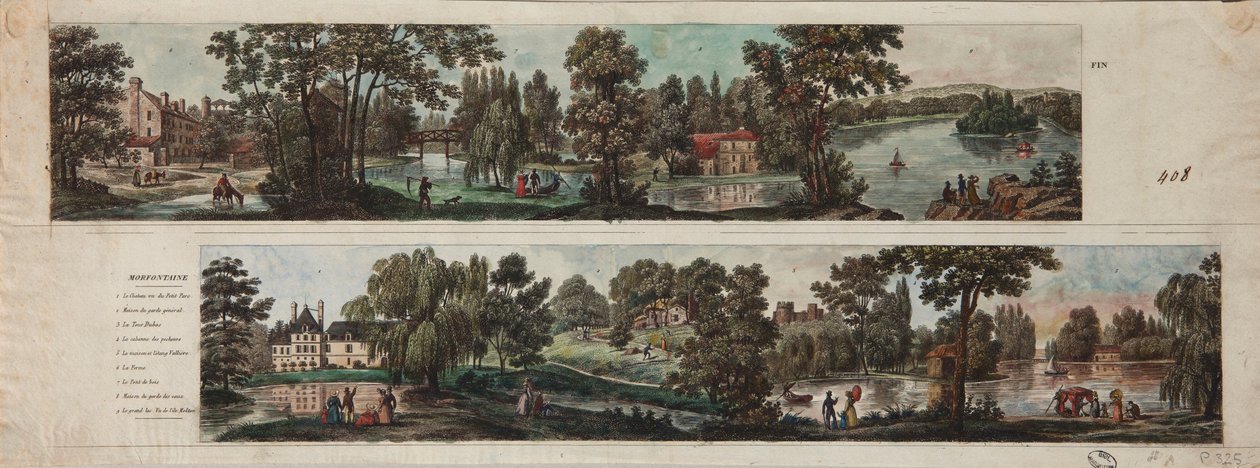 Två vyer av Mortefontaine Park med bildtexter (etsning med wc på papper) av French School