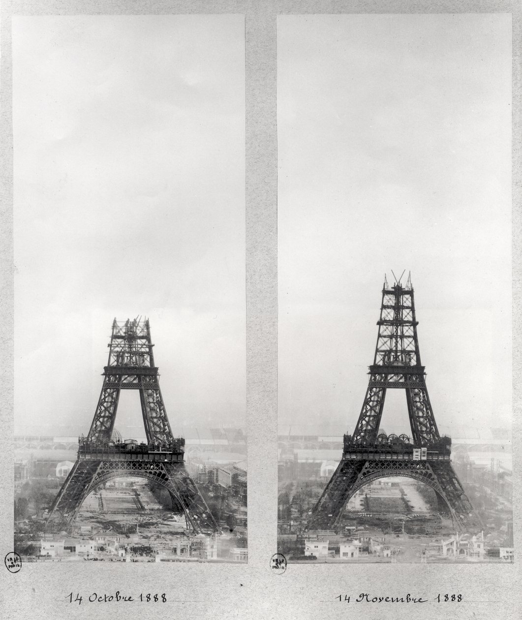 Två vyer av byggandet av Eiffeltornet, Paris, 14 oktober och 14 november 1888 av French School
