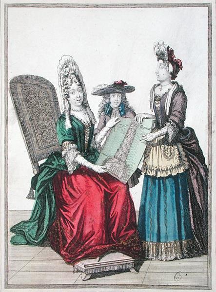 Två kvinnor och en pojke beundrar ett tryck av Alexandrias stora fyr, sent 1600-tal (kolorerat gravyr) av French School