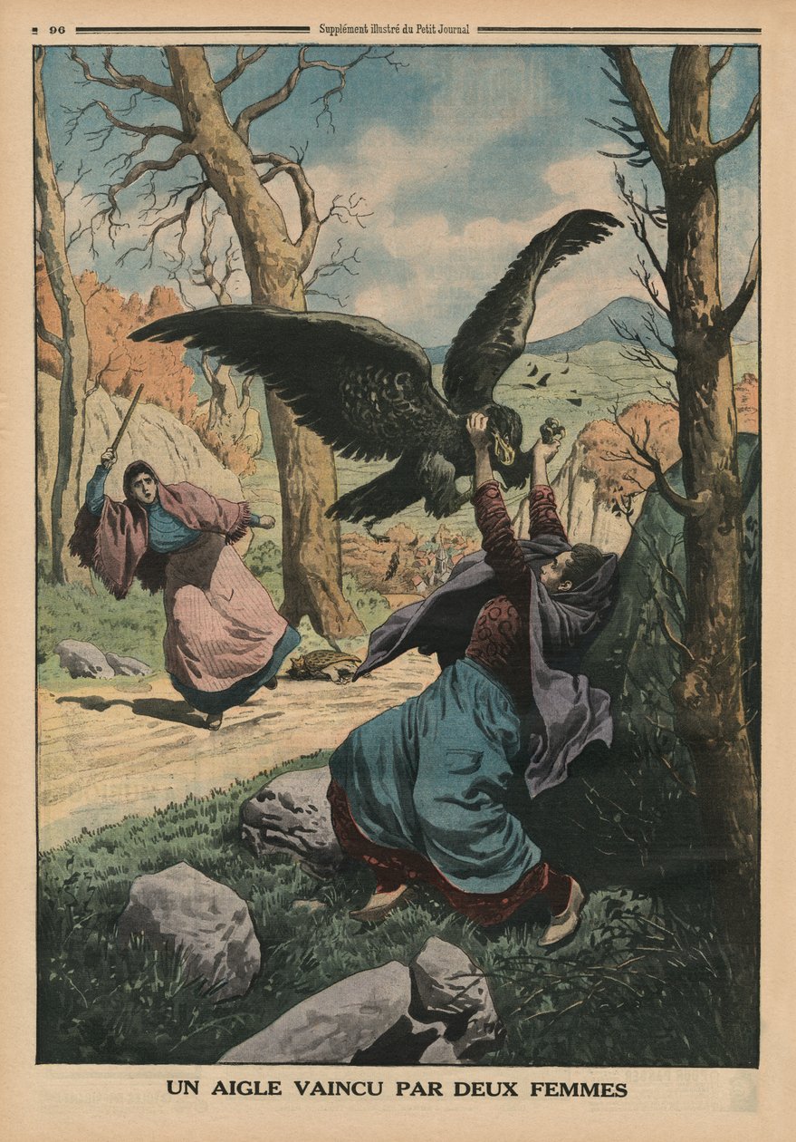 Två kvinnor som besegrar en örn, illustration på baksidan från "Le Petit Journal", bilaga illustre, 22 mars 1914 av French School