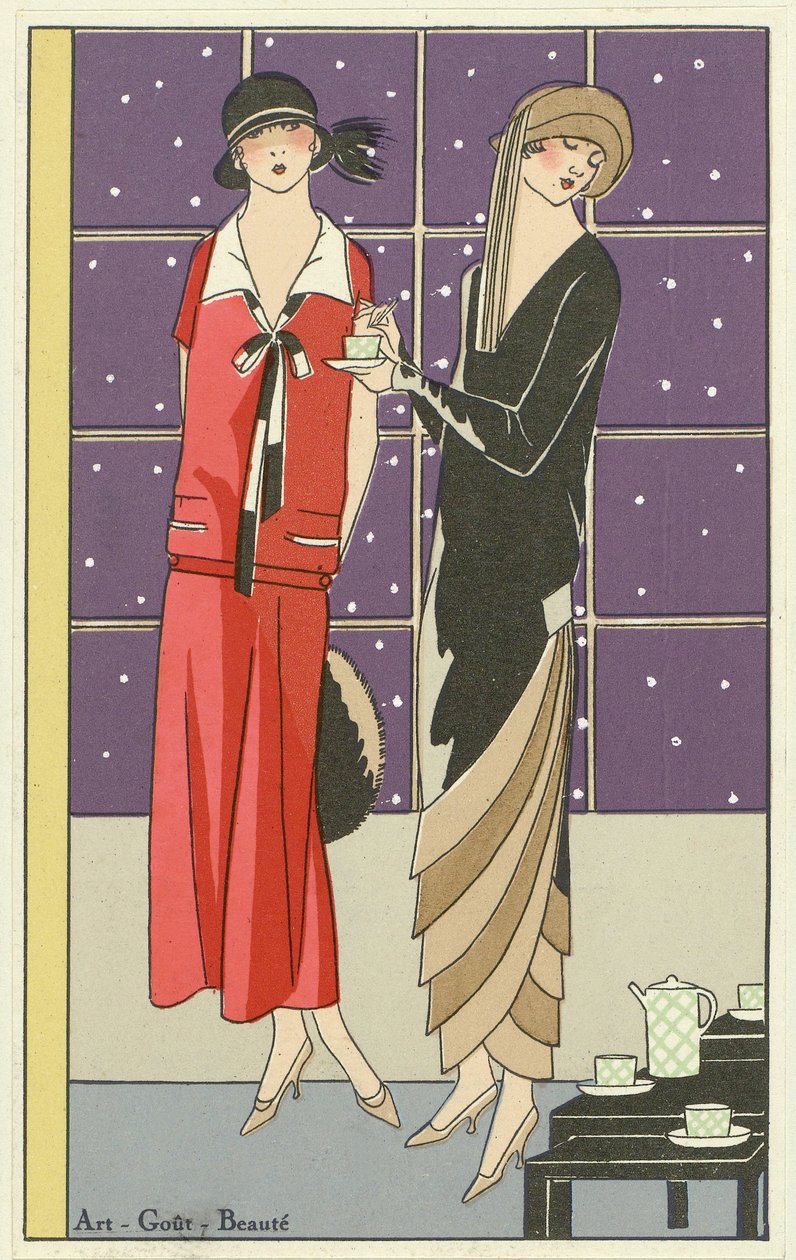Två kvinnor som dricker te och klädde sig i design av Jean Patou och Beer, från puben Art-Goût-Beauté. 1924 av French School