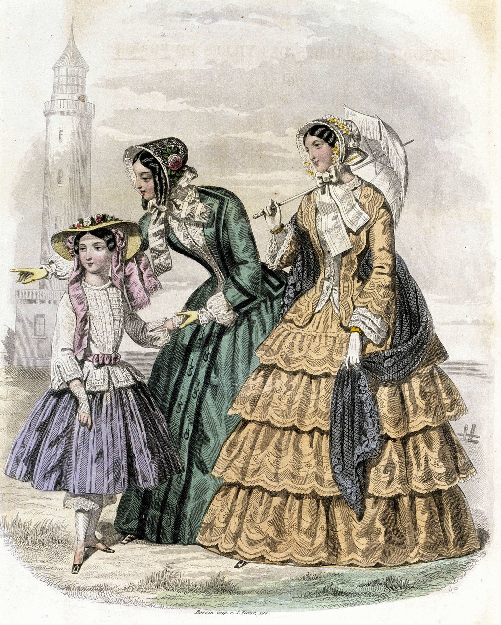 Två kvinnor med en flicka på landsbygden - i "Journal des Demoiselles"" 1852. av French School