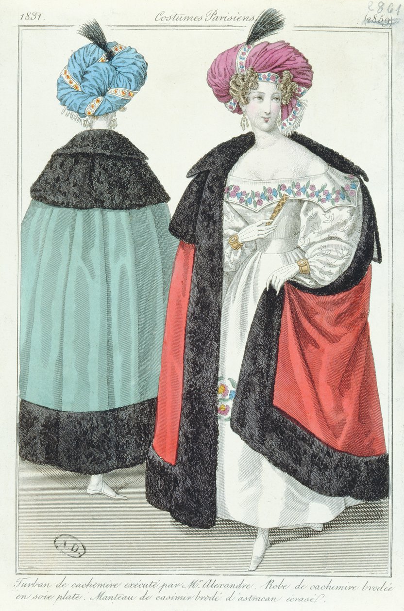 Två kvinnor med turbaner, klänningar och kappor av kashmir, från Costumes Parisiens, 1831 av French School