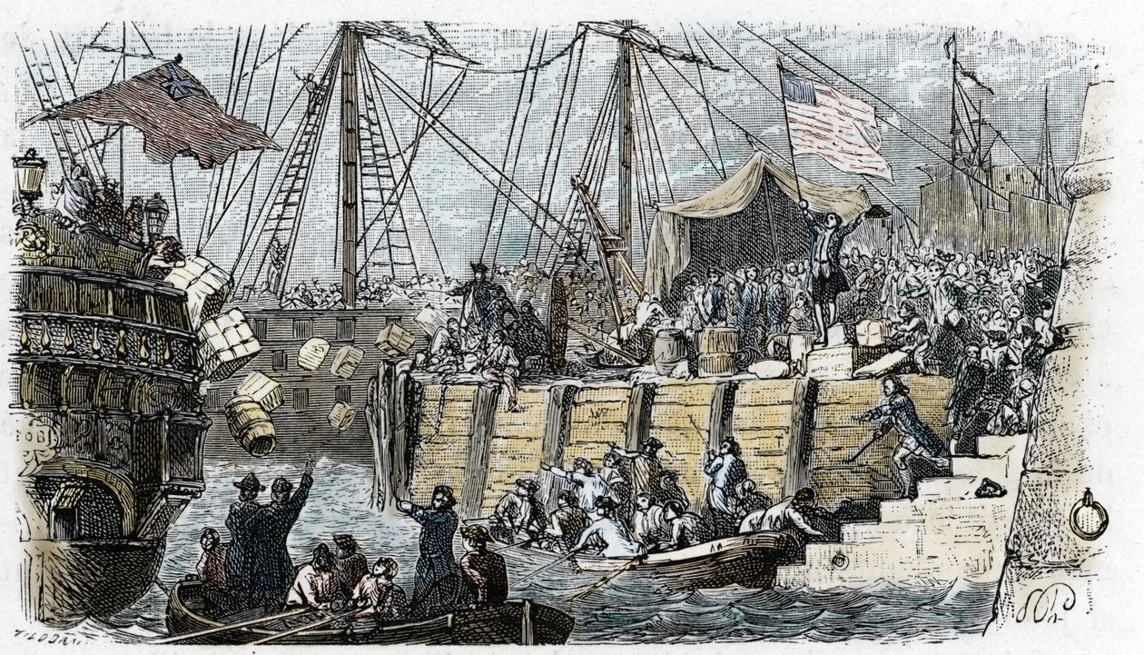 USA:s frihetskriget: revolt från amerikanska bosättare (av Storbritanniens ursprung) mot skatter som införts av det engelska parlamentet på te och andra livsmedel. De förkläder sig till indianer och kastar lasten av teet i havet efter att ha kommit in i co av French School
