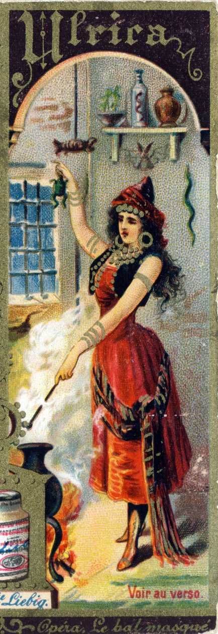 Ulrica i Giuseppe Verdis opera "Le bal masque" skapad 1859. Alfabet av kvinnliga namn på temat: kvinnliga kostymer och operor. Liebig reklamkromolitografi. av French School