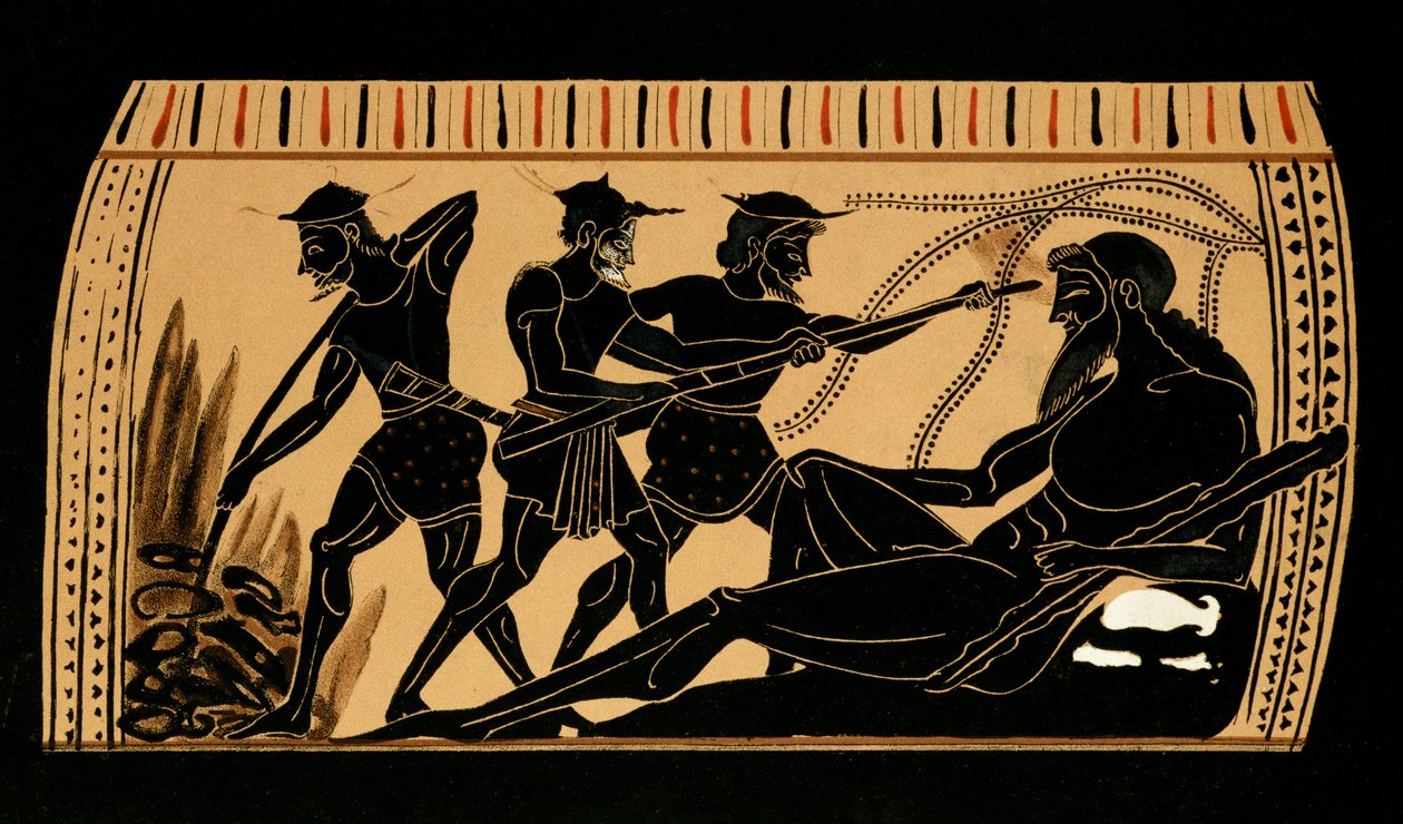 Ulysses och hans följeslagare sticker ut ögat på Cyclops Polyphemus, illustration från en antik grekisk vas, 1887 av French School