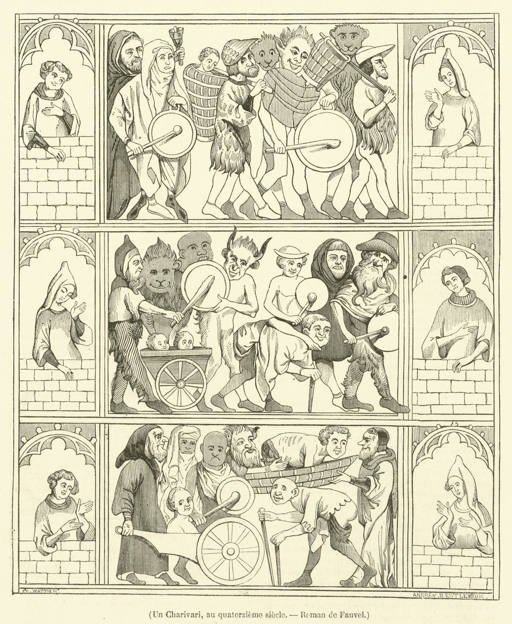 Un Charivari, au quatorzieme siecle, Roman de Fauvel (gravyr) av French School