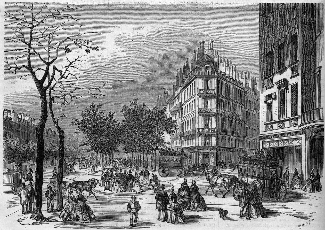En av de första ""fristaden"" för fotgängare som korsar boulevarderna i Paris etablerad mellan boulevard des Capucines och boulevard de la Madeleine av French School