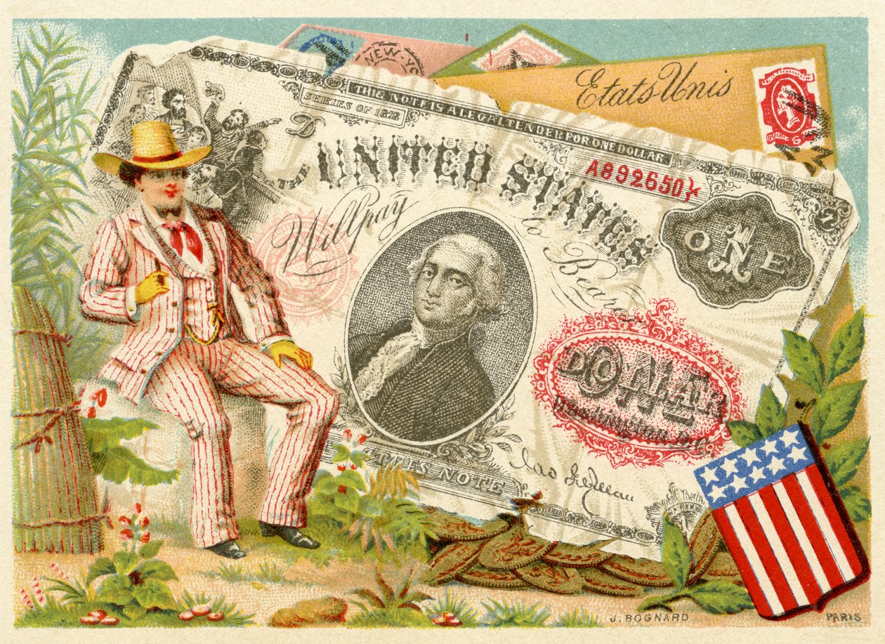 Uncle Sam satt bredvid en endollarssedel, från en serie reklamkort på valutor i olika länder, publicerade i Paris av Bognard för användning av varuhus och tillverkare, 1886-9 av French School