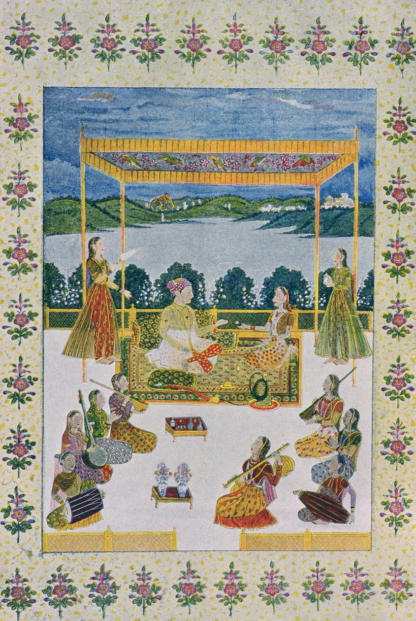 Under himlen med musik och blommor, illustration från Arabian Nights, 1895 (färgstick) av French School
