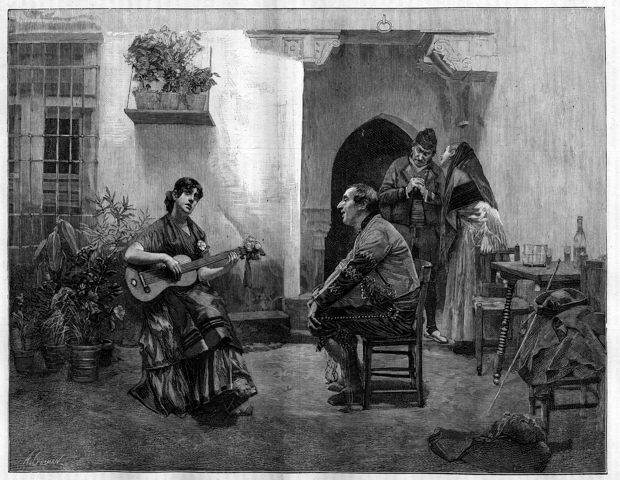 Under förtrollningen: en man som med beundran lyssnar på en ung spansk flicka som spelar gitarr. Gravyr efter målningen av Jules Worms (1832-1914) i "The Illustrious World", 1 maj av French School
