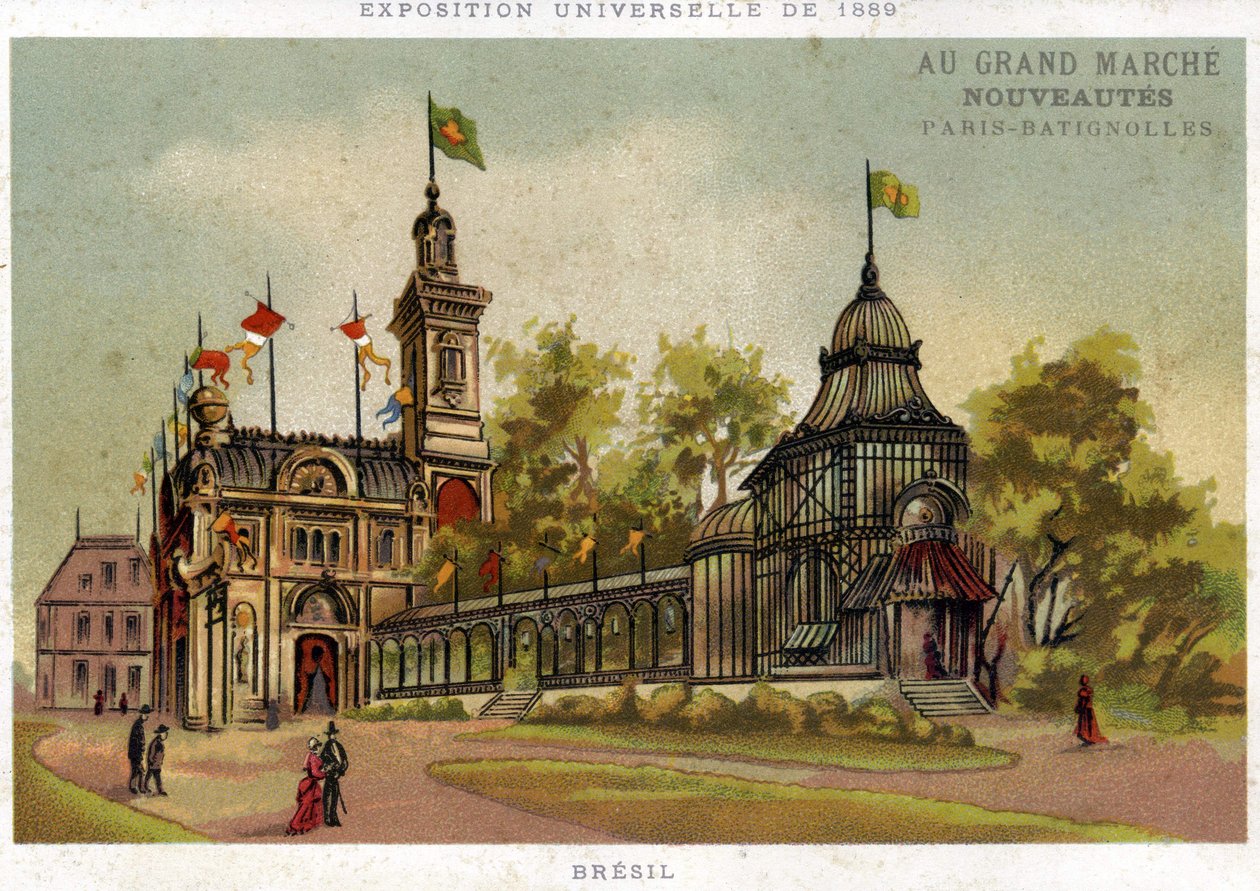 Universell utställning 1889. Brasiliens paviljong. Paris Batignolles. Kromolitografi från slutet av 1800-talet. av French School