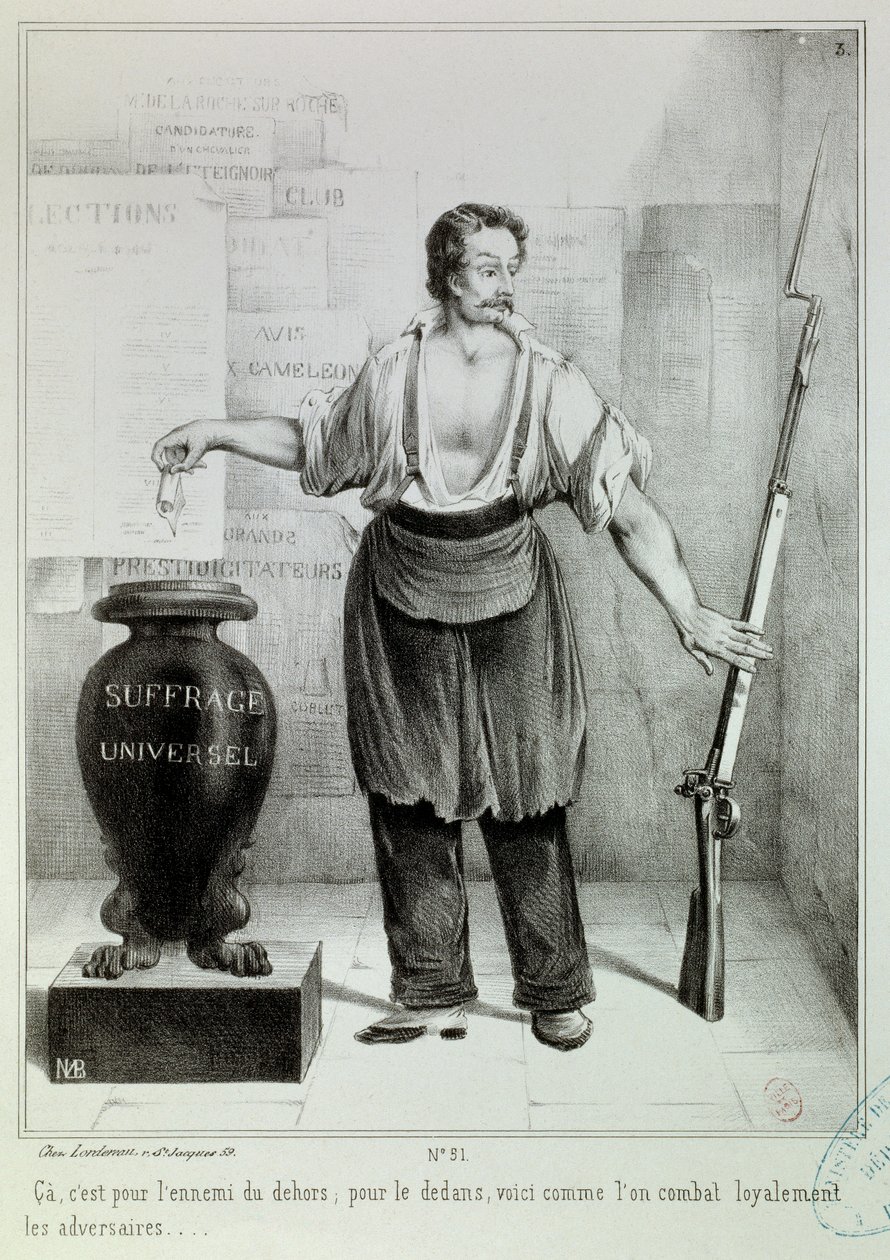 Allmän rösträtt "" rösten eller geväret"" Röstningen måste bekämpa fienden istället för geväret. Gravyr av M.L. Bosredon, april 1848. Paris, Musee Carnavalet av French School