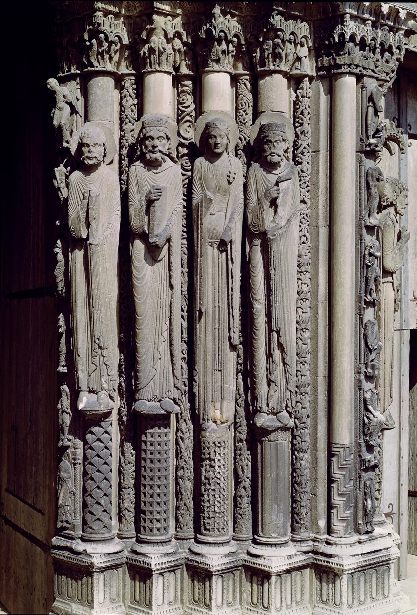 Okänd figur, kung Salomo, drottningen av Saba och kung David, jambfigurer från den kungliga portalen, 1140-55 av French School