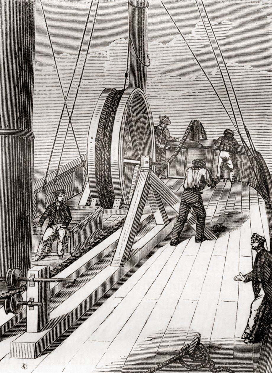 Avveckling av ubåtskabeln från Dover till Calais ombord på Blazer, 25 december 1851, från Les Merveilles de la Science, publicerad ca 1870 (gravyr) av French School
