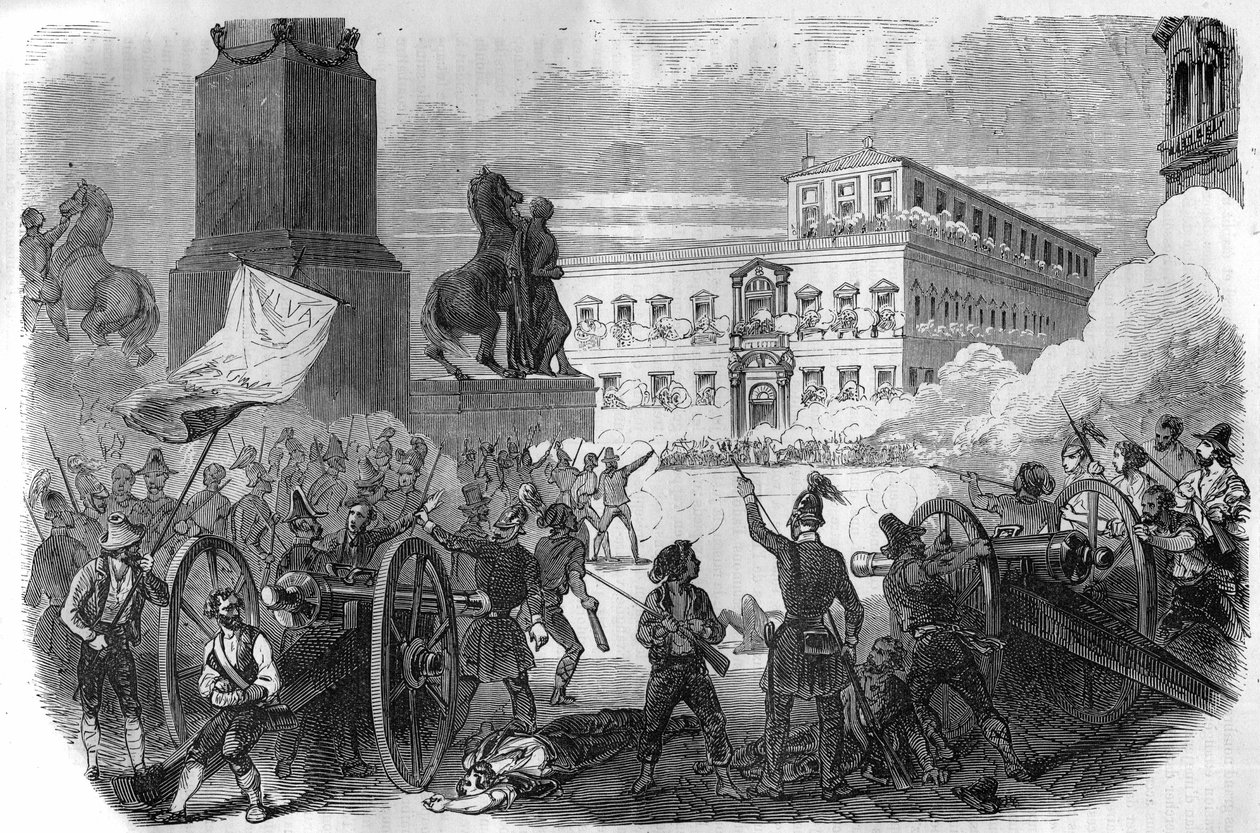 Uppror i Bologna: störtande av den påvliga regeringen under påven Gregoire XVI från 1831 till 1846. Gravyr i "Histoire des Papes-Rois-Queen and Empereurs a travers les centuries" av Maurice Lachatre av French School