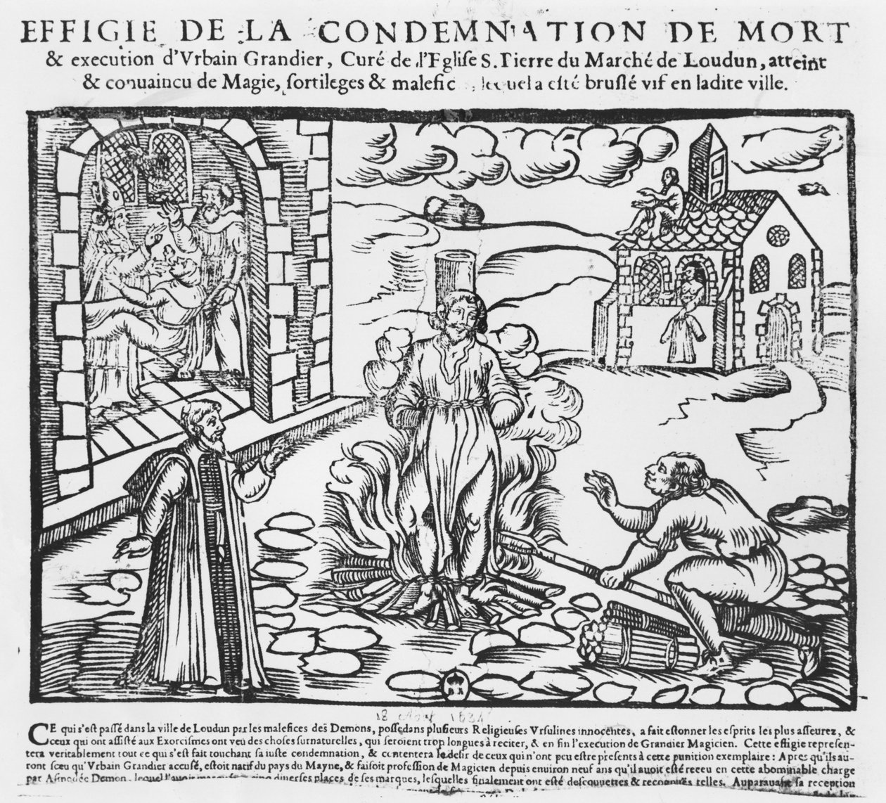 Urbain Grandier brändes på bål efter händelserna i Louduns innehav, 1634 (trästick) av French School