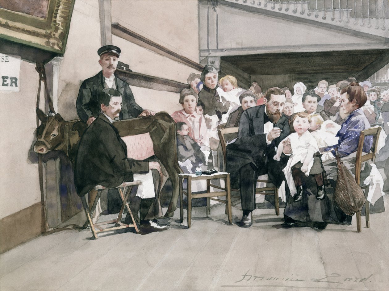 Vaccination av spädbarn vid Institut de la Vaccine, Paris, ca 1900 (wc på papper) av French School