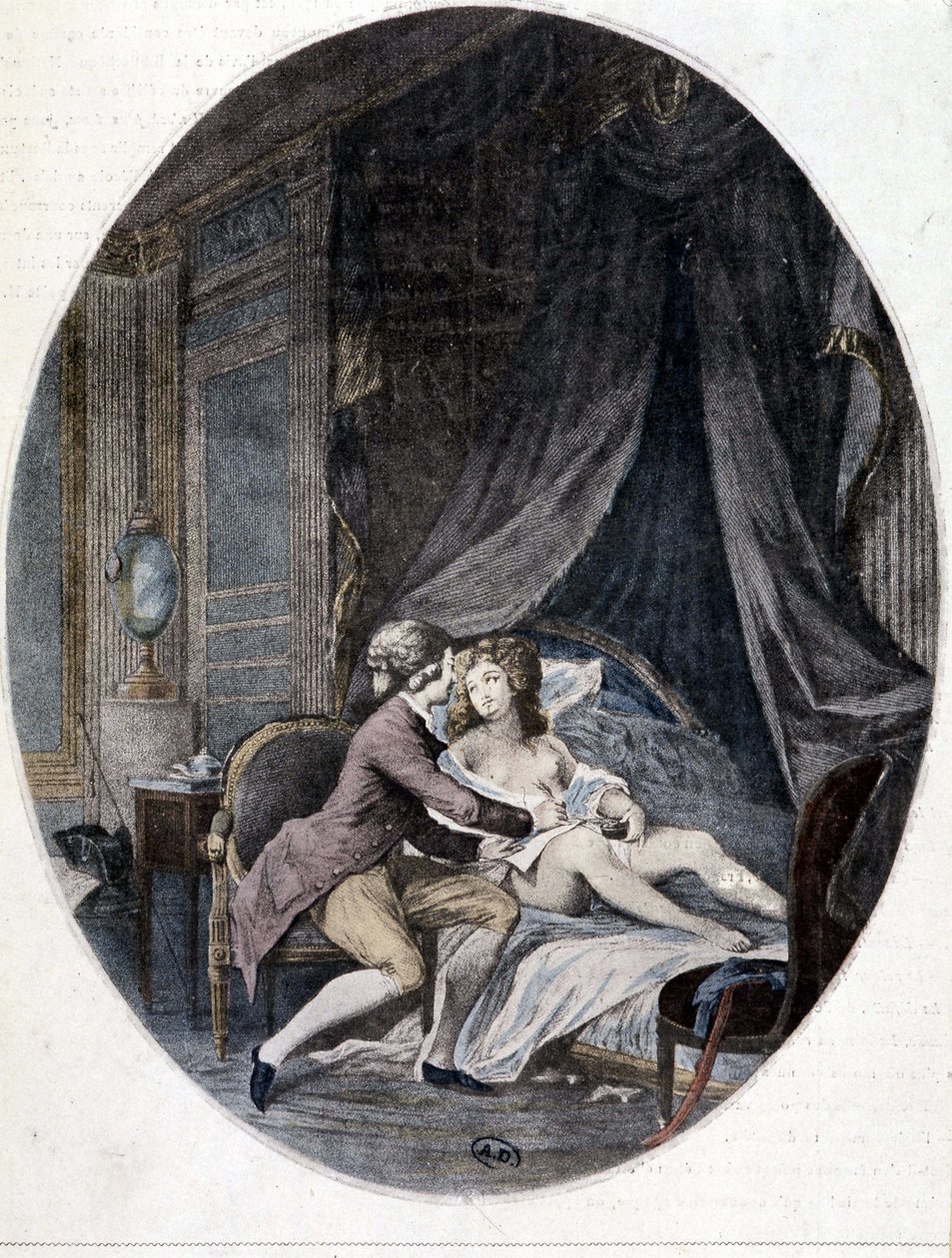 Valmont skriver ett brev på Emilias lår - i "" Dangerous Liaisons"" av Choderlos de Laclos av French School