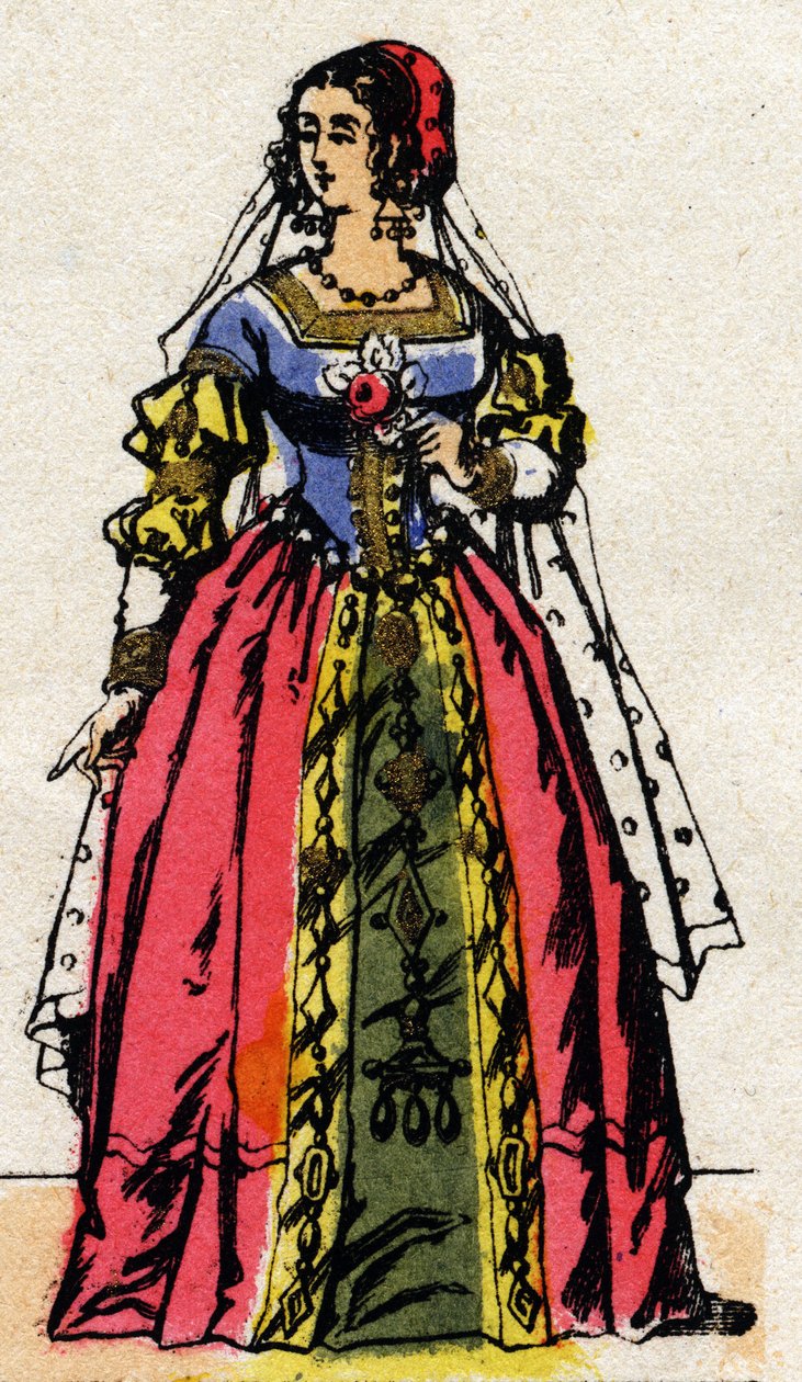 Valois-dynastin: Porträtt av Eleonore av Habsburg eller Österrike (1498-1558) Frankrikes drottning, fru till Francois I (1494-1547). Epinal avbildning från slutet av 1800-talet. Privat samling. av French School