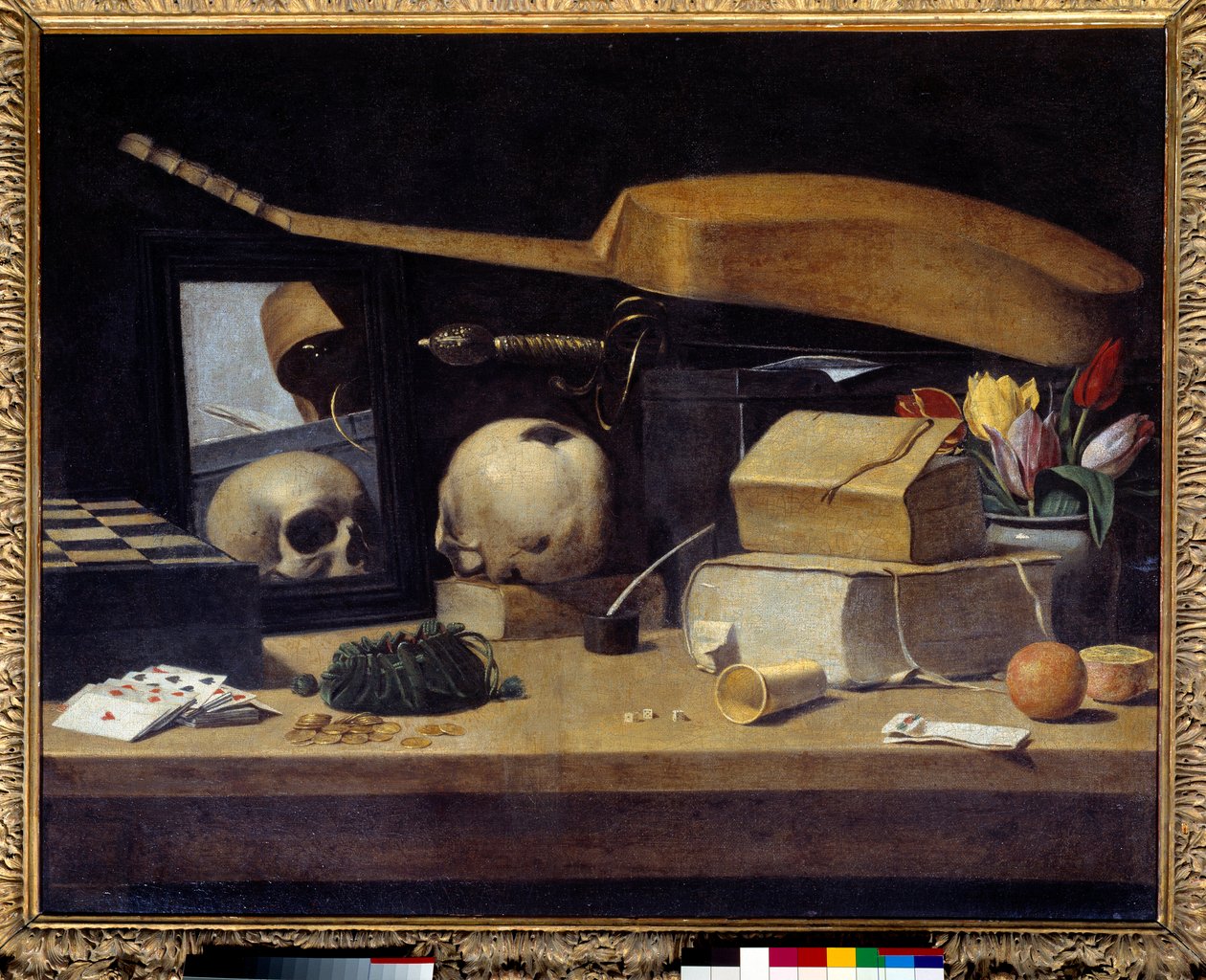 Vanitas Still Life (Vanite) med kortlek, instrument och dödskalle. Målning av Franska skolan. 1600-talet. Sön 0,72x0,9 m av French School