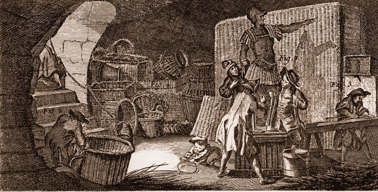 Vannier - verktyg - basketmakare - "" The Great Encyclopedia, eller Dictionnaire Raisonne des Sciences, des Arts et des Metiers" (Encyclopedia or Dictionary of the Sciences, Arts and Professions) av Denis Diderot (1713-1784) och Jean d