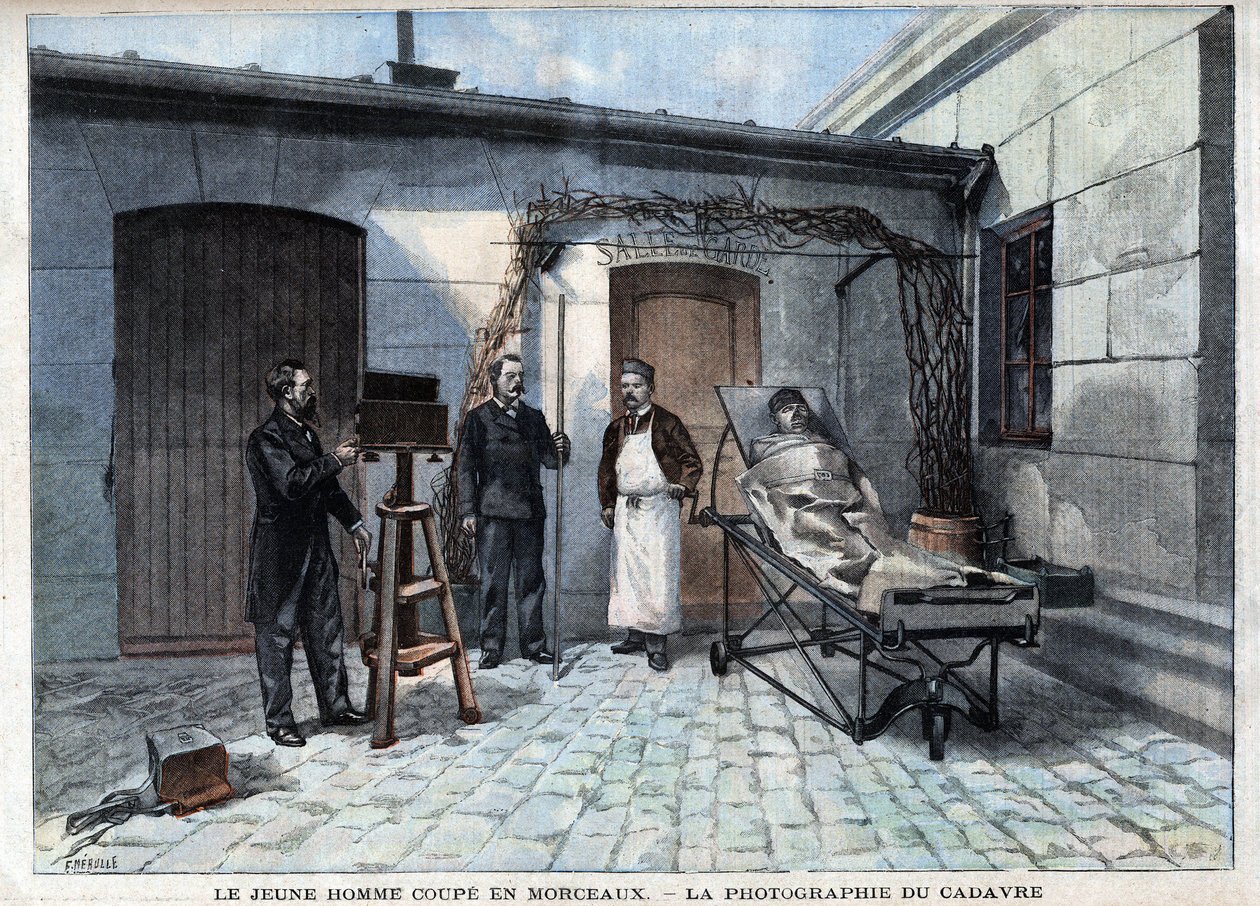 Olika fakta: fotografiet av liket skuren i bitar av Alphonse Bertillon (1853-1914), en fransk vetenskapsman, skapare av antropometri. - i "" Le Petitle Parisien"" av French School
