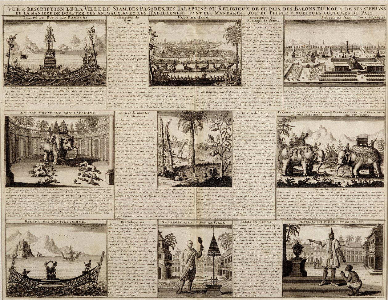 Olika vyer av Siam och Ayutthaya, från Du Royaume de Siam av Simon de la Loubere, publicerad 1688 av French School