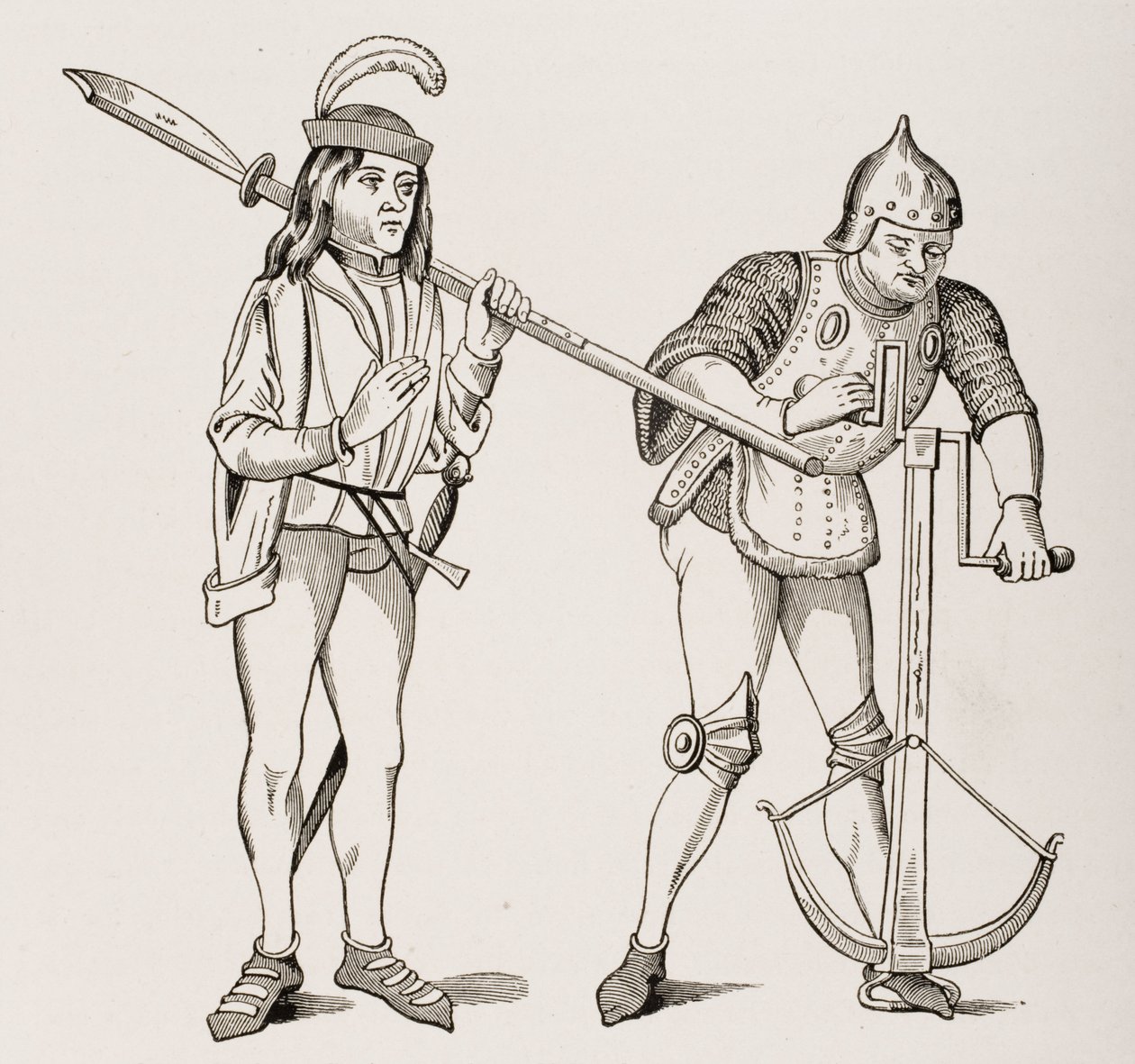 Varlet eller Squire som bär en tjockbladig hellebard och en bågskytt som drar ett armborstsnöre med dubbelhandsvinsch, efter en miniatyr från 1400-talet, från Le Moyen Age et La Renaissance av Paul Lacroix ( av French School