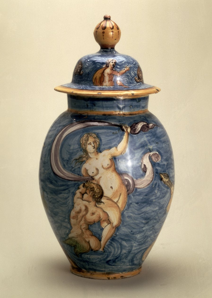 Vas, dekorerad med havsgudar, Nevers, tidigt 1600-tal (maiolica med polykrom målning) av French School