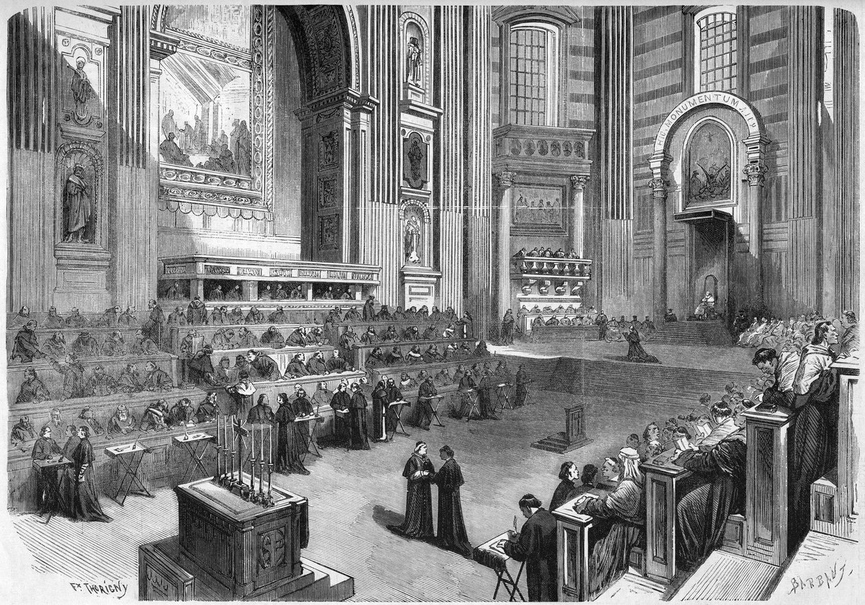 Vatikankonciliet 1 (1869-1870): Första mötet hölls den 9 december 1869 i den högra delen av tvärskeppet i Peterskyrkan i Rom. Gravyr i "" Le Monde Illustré"" nr 663 av 25 december 1869. av French School