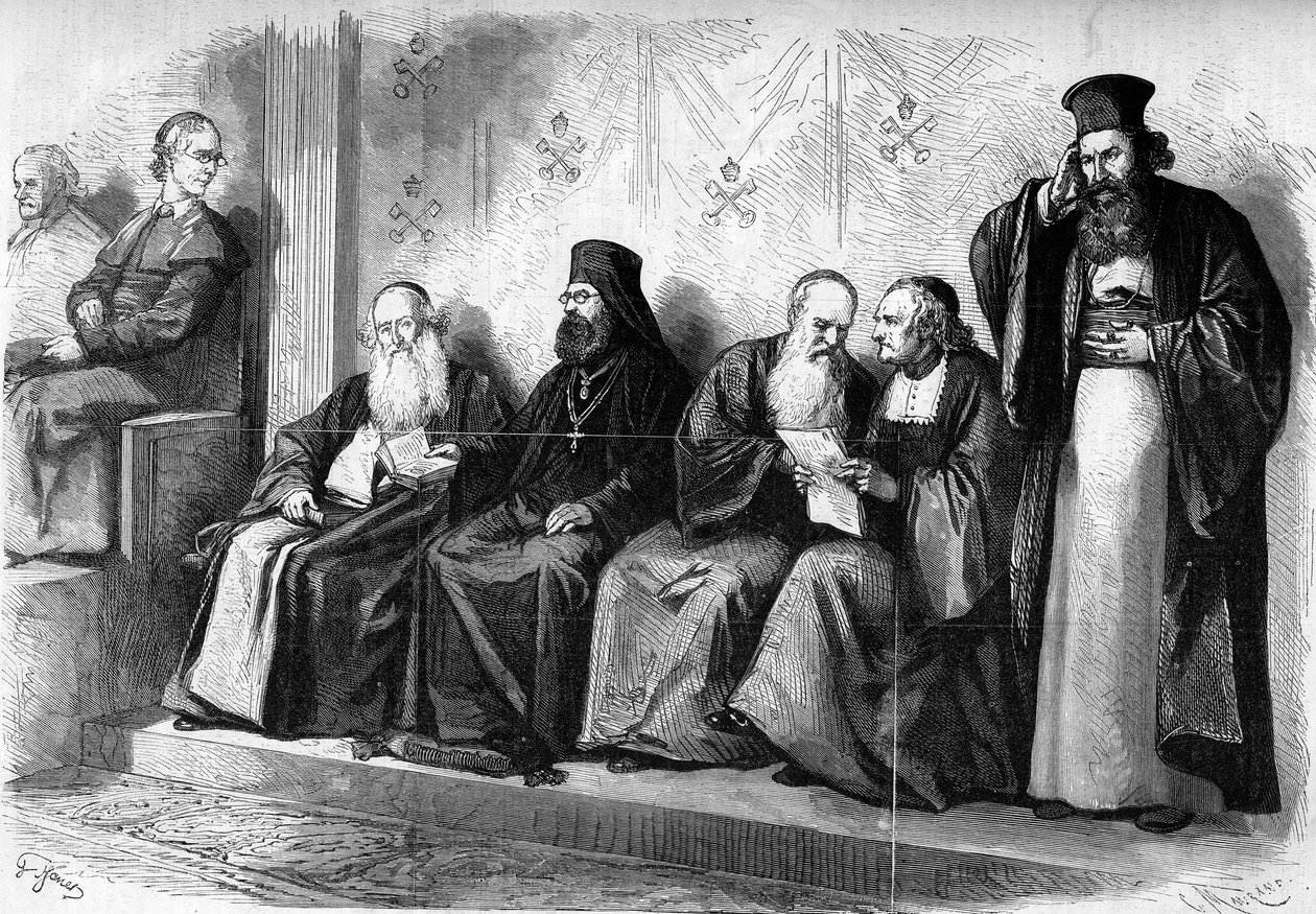 Vatikankonciliet 1 (1869-1870): patriarker och archimandrites under presynodal audiens i Sixtinska kapellet i Rom. December 1869. Gravyr i "" Le Monde Illustré"" nr 662 av 19 december 1869. av French School